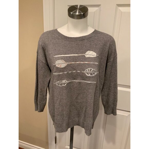 J. Crew Gray Wool Blend Crew Neck Sweater w/ Arrow Embroidery, Size Medium - Picture 1 of 6
